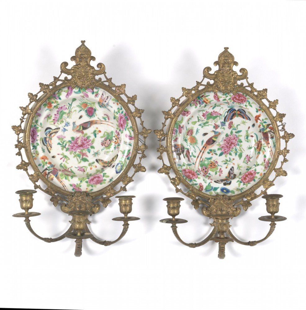 Pair of Ormolu Mounted Famille Rose Platters Designed as Wall Sconces
